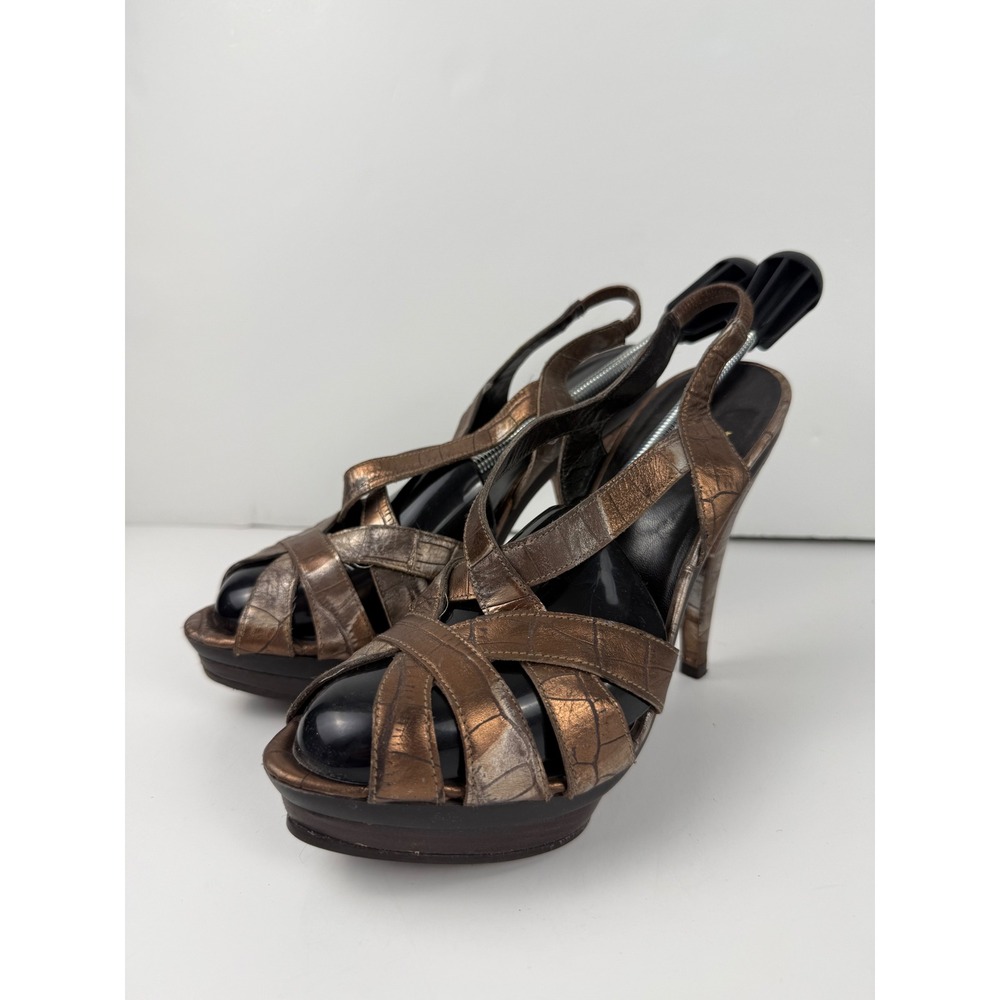 Stuart Weitzman Bronze Metallic Croc Embossed Platform Slingback Heels Size 8